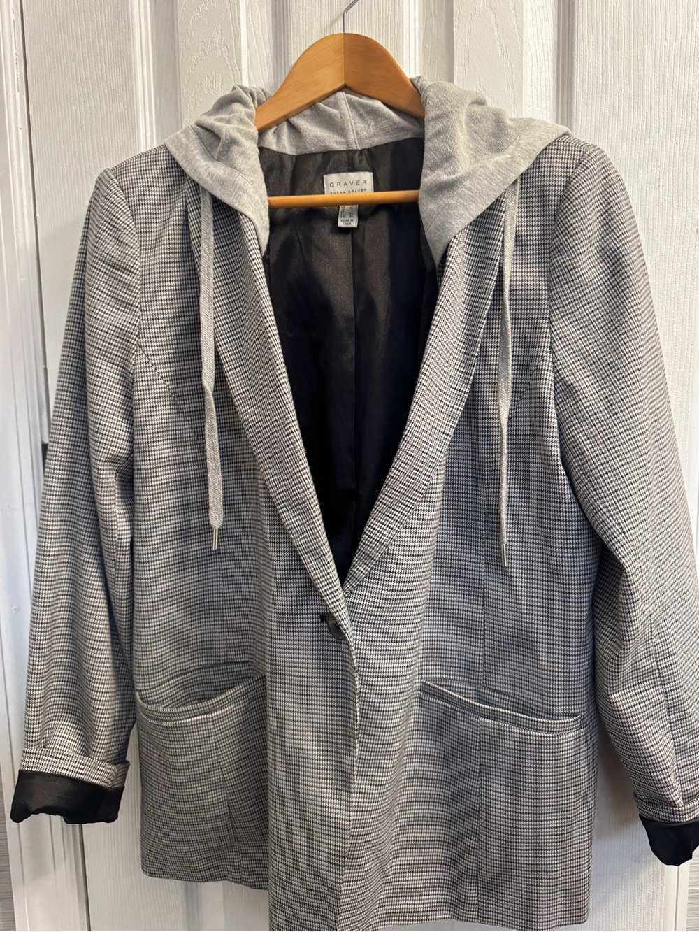 Susan Graver Houndstooth Hooded Blazer Jacket Size L